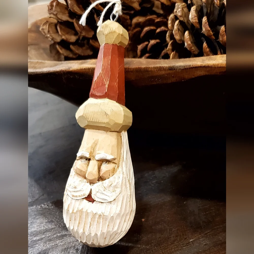 Vtg R.J. Zeit Signed Handcarved Wood Primitive Folk Art Santa Ornament 1996